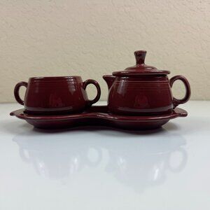 Fiesta 4 Piece Sugar Bowl Creamer Set w/Tray Cinnabar Retired Maroon Serveware